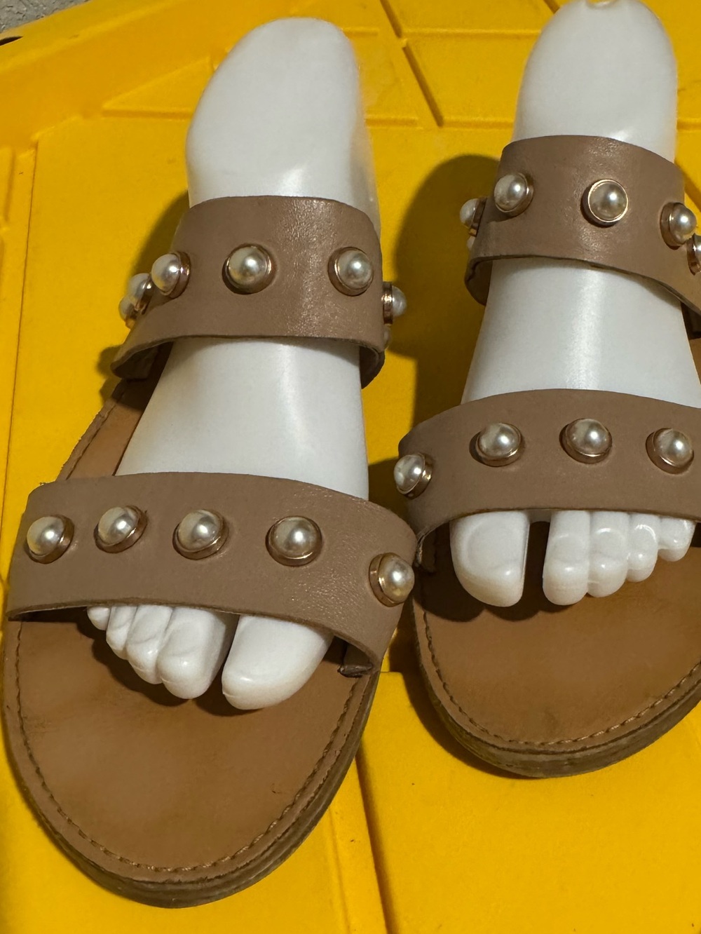 Jole Women's Tan Pearl-Stud Double Strap Slide Sandals